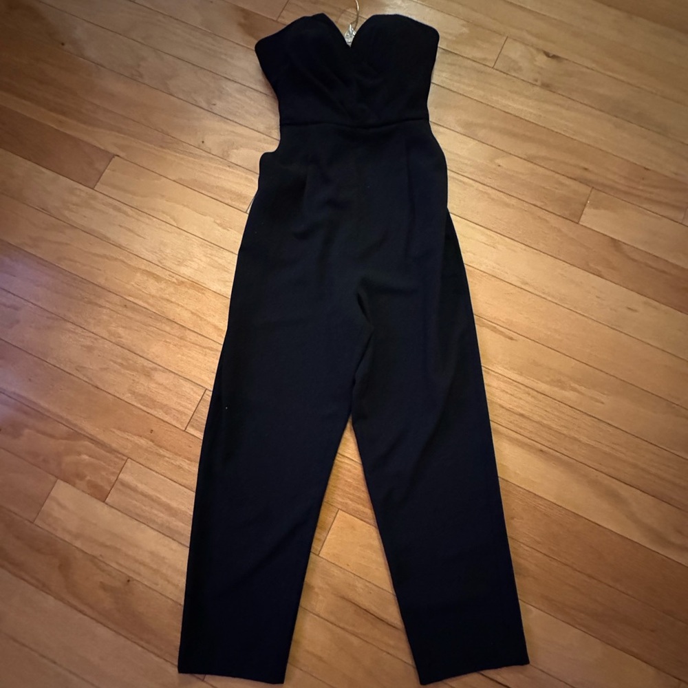 Bebe Classy Black Strapless Back Zip & Bow Tie Pockets Jumpsuit Size S